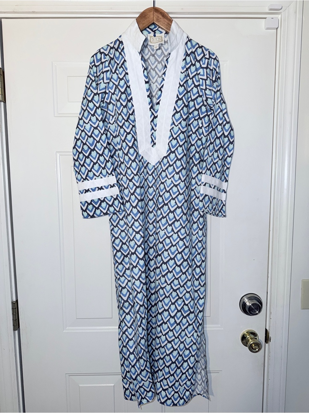Sail to Sable Blue Geometric Print Long Caftan Dress. S - Picture 1 of 9